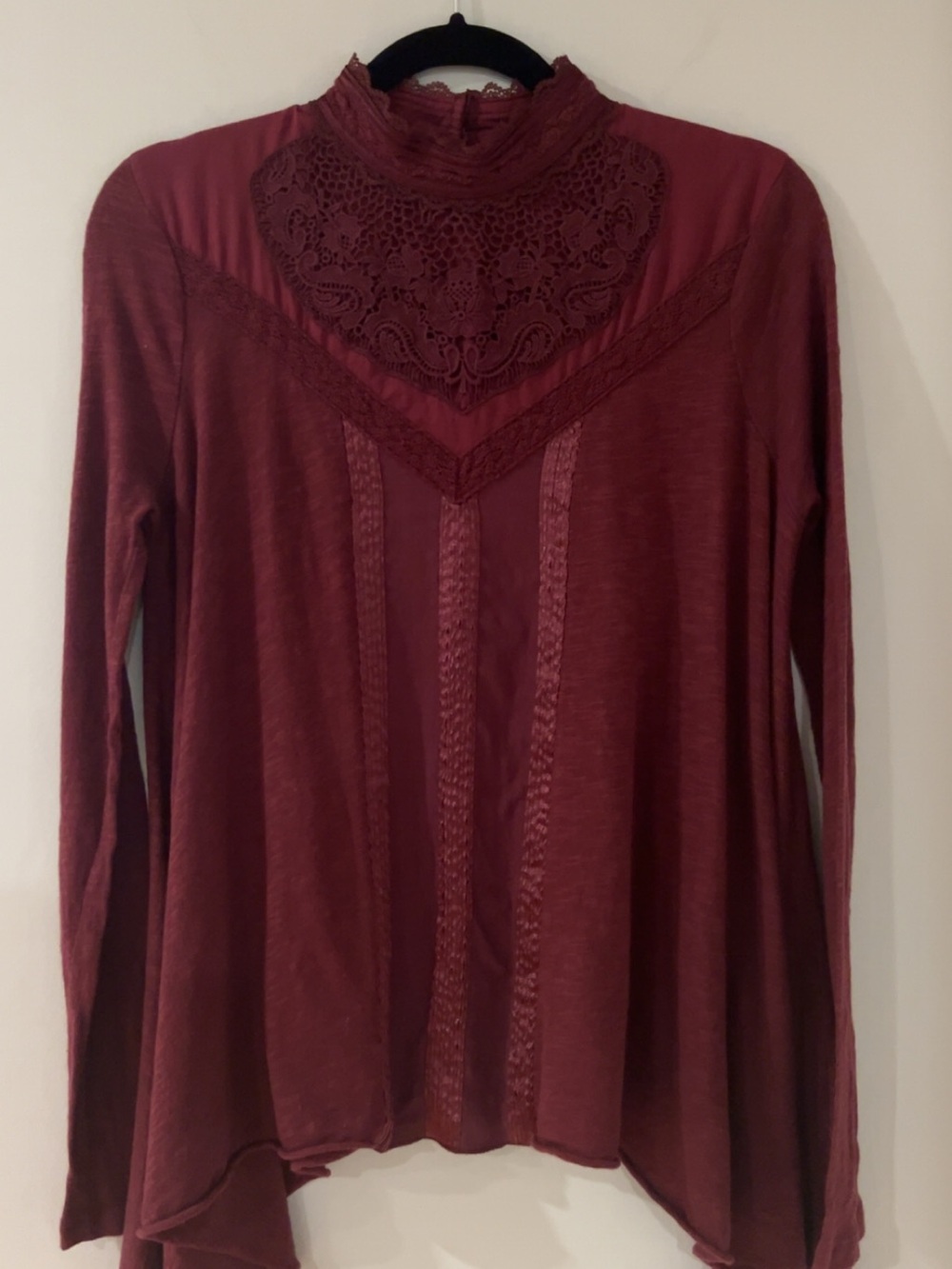 Free People Lace Yoke Long-Sleeve Tee - Burgundy